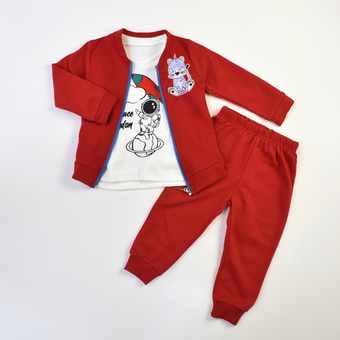 Kids’ red tracksuit set with zip-up jacket, matching jogger pants, and white T-shirt featuring astronaut and cartoon cat space graphic.