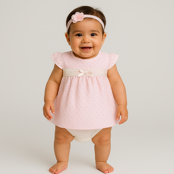 Smiling baby girl in a pink eyelet dress with lace waist, bow detail, and matching flower headband.