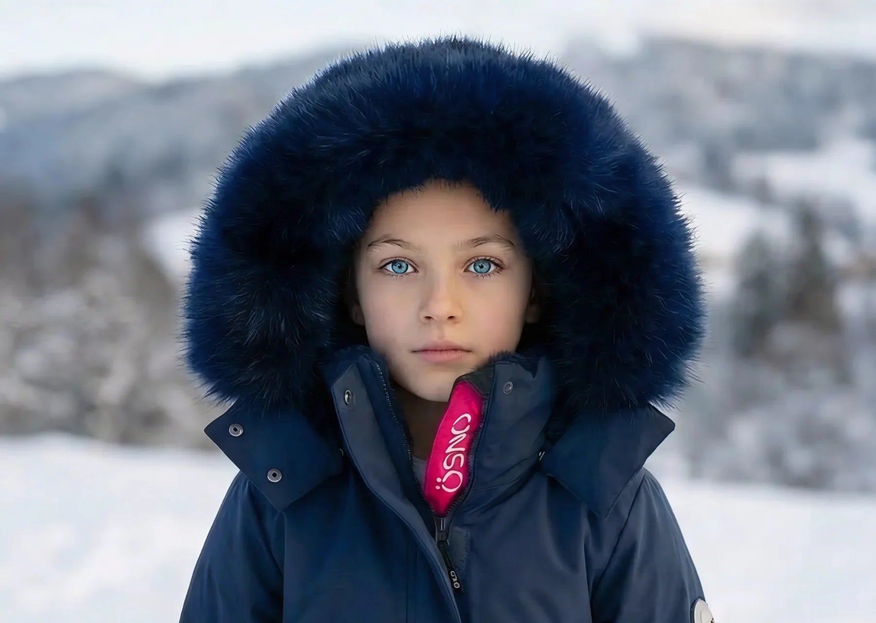 Girl wearing a navy OSNO snow jacket and snow pants, a luxury kids snowsuit in Canada at JuniorKids