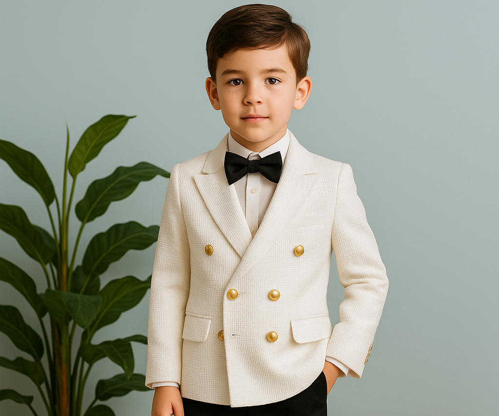 Young boy wearing a white blazer and black pants in a 4-piece tuxedo for first communion at JuniorKids