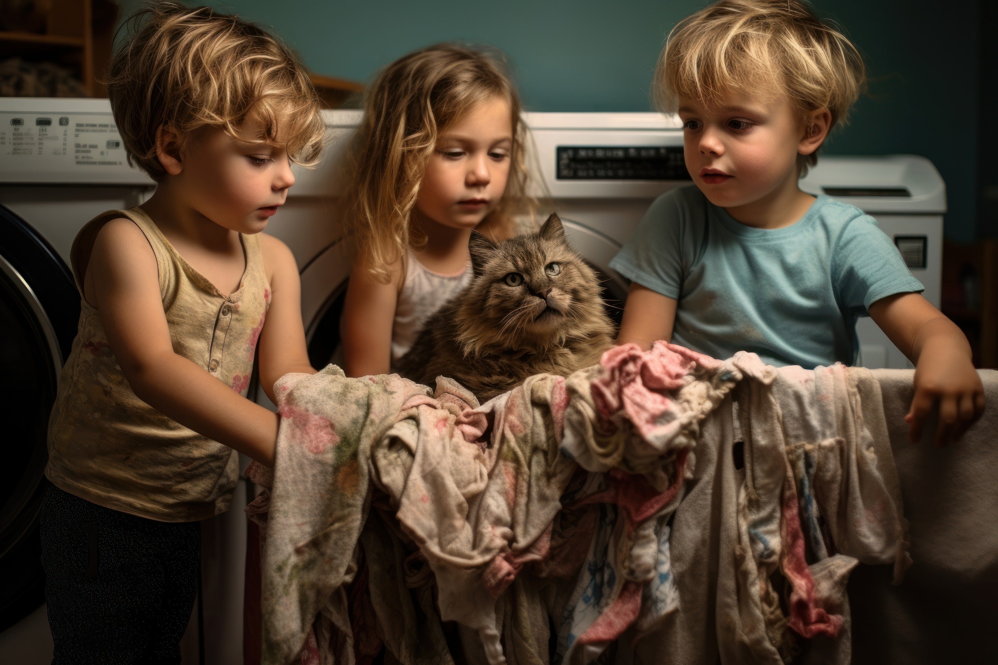 Child with a pet learning to dress themselves.