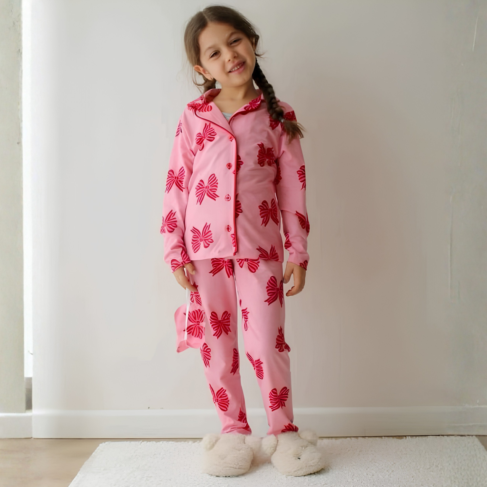 Girl in pink long-sleeve girls' pyjamas with an all-over red bow print, standing on a rug in slippers.