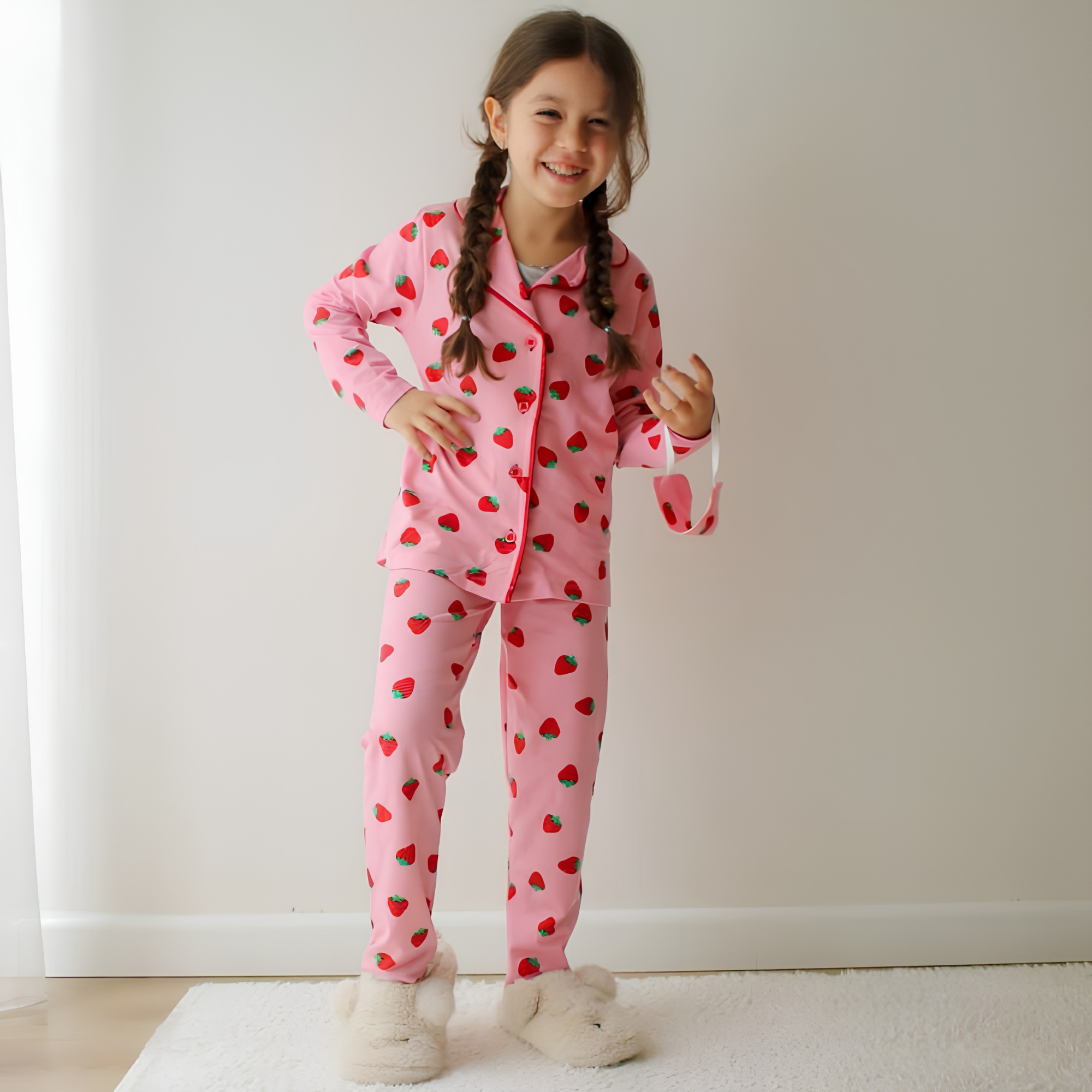 Smiling girl with braids in pink long-sleeve girls' pyjamas with an all-over red strawberry print.
