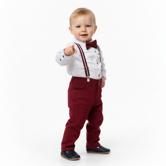 Child wearing a formal outfit with a white shirt, red bow tie, suspenders, and red pants on a white background