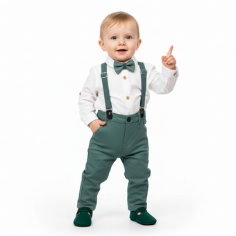 Child wearing a white shirt, green suspenders, and bow tie on a white background