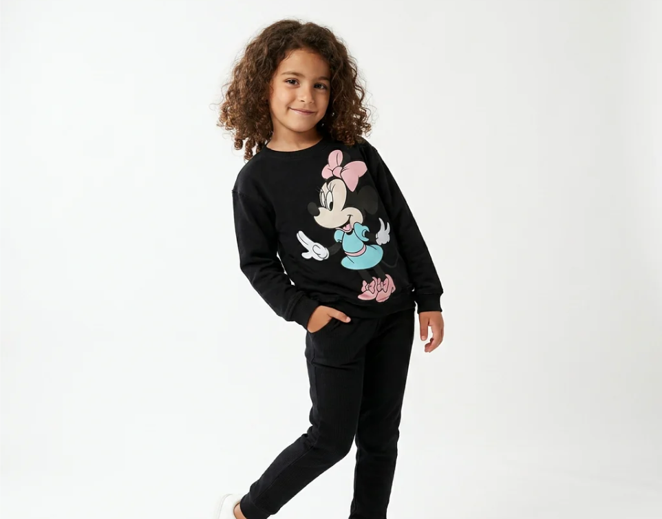 A girl with curly hair standing in a black pyjama set with a small print on the top.