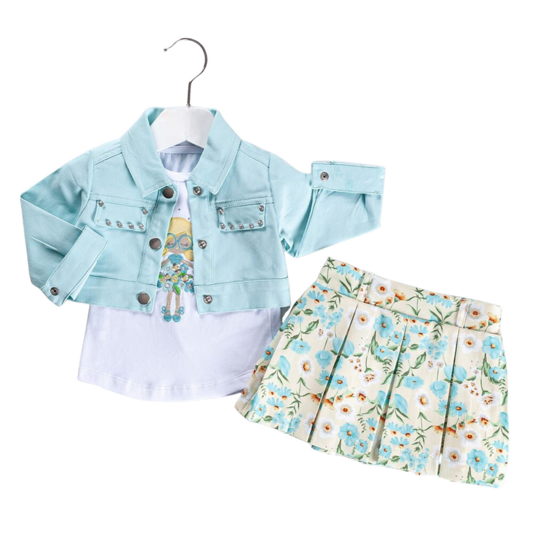 Three-piece toddler girl outfit with a mint cropped jacket, printed white top, and pleated floral skirt in blue and cream tones.