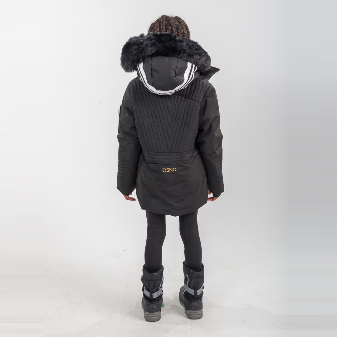 Person wearing a dark gray winter coat with fur-lined hood on a white background