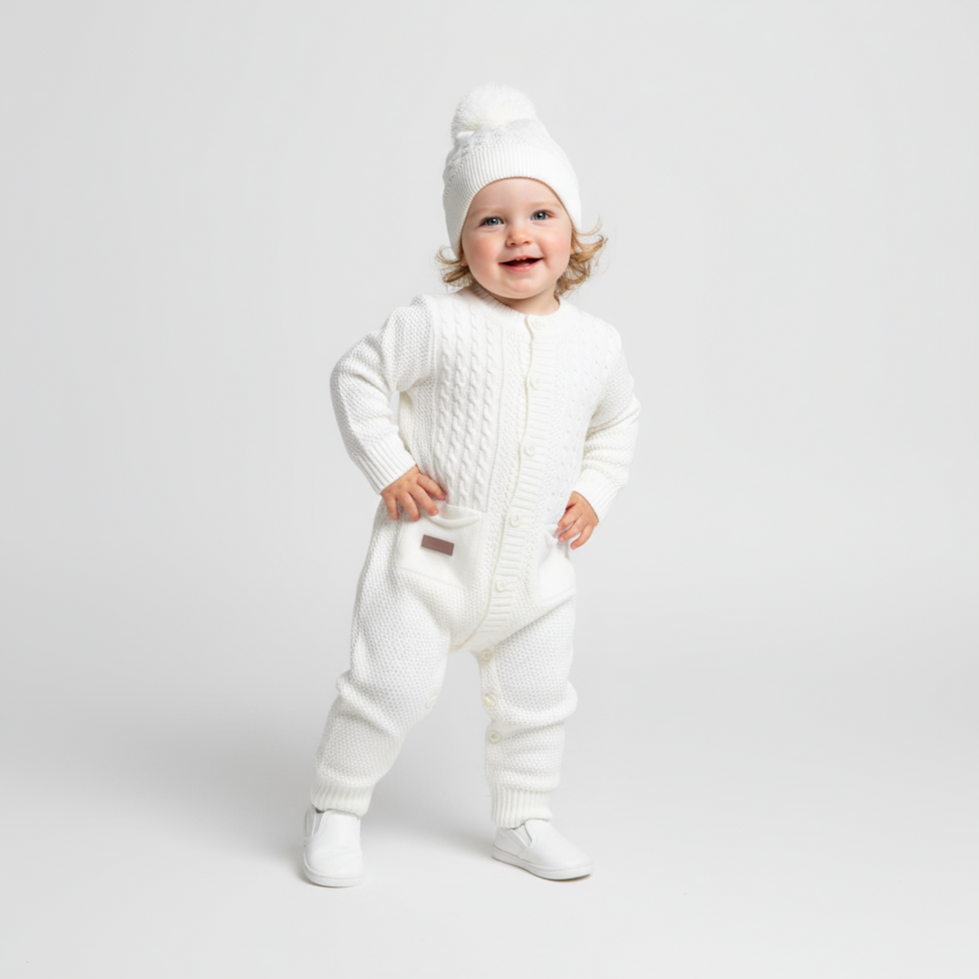 Toddler wearing a white knit onesie, matching pom-pom hat, and white shoes, standing and smiling.