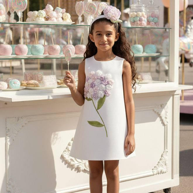 Young girl in a white dress with floral design standing in front of a dessert display.