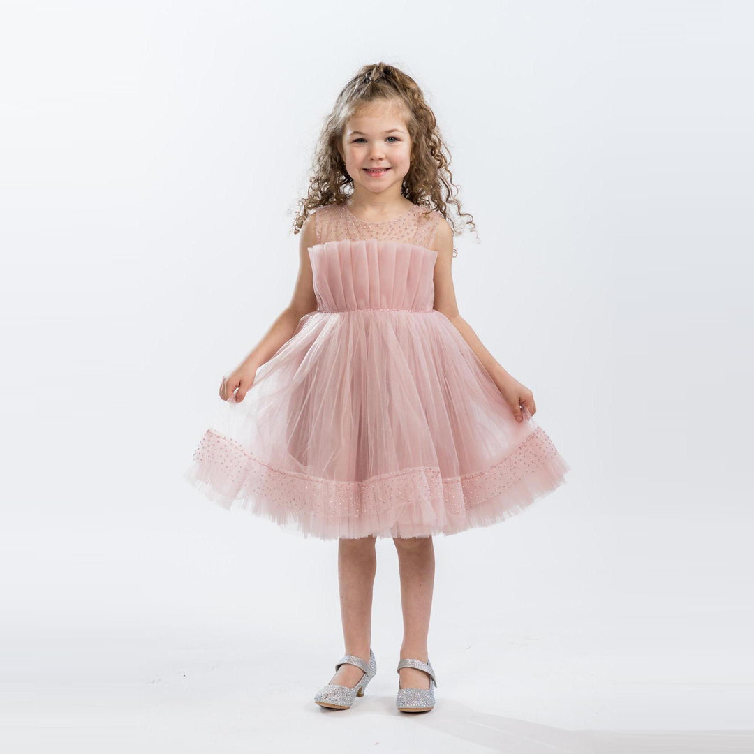Young girl wearing a blush pink tulle dress with sheer neckline and flared skirt, posing against a white studio background.